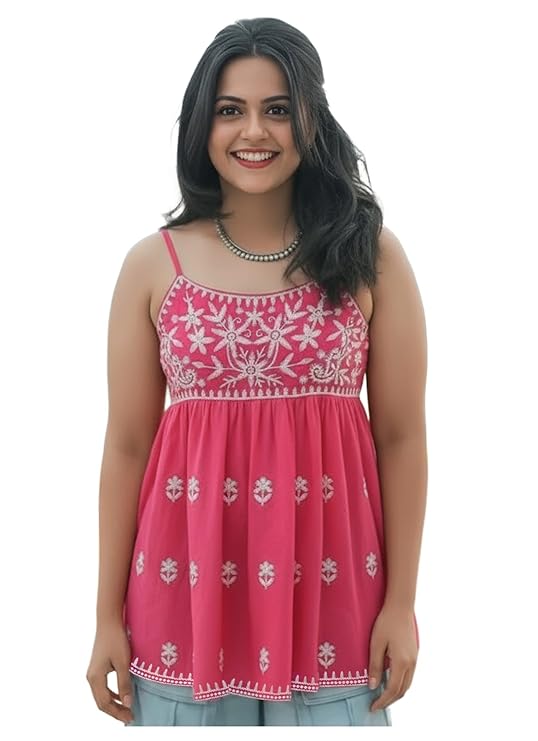 ANNI Designer Women's Rayon Viscose Kurti with Embroidery | Short Kurti for Women | Sleevesless & Beautiful Neck Embroidery Ideal for Casual Office Wear & Everyday Comfort