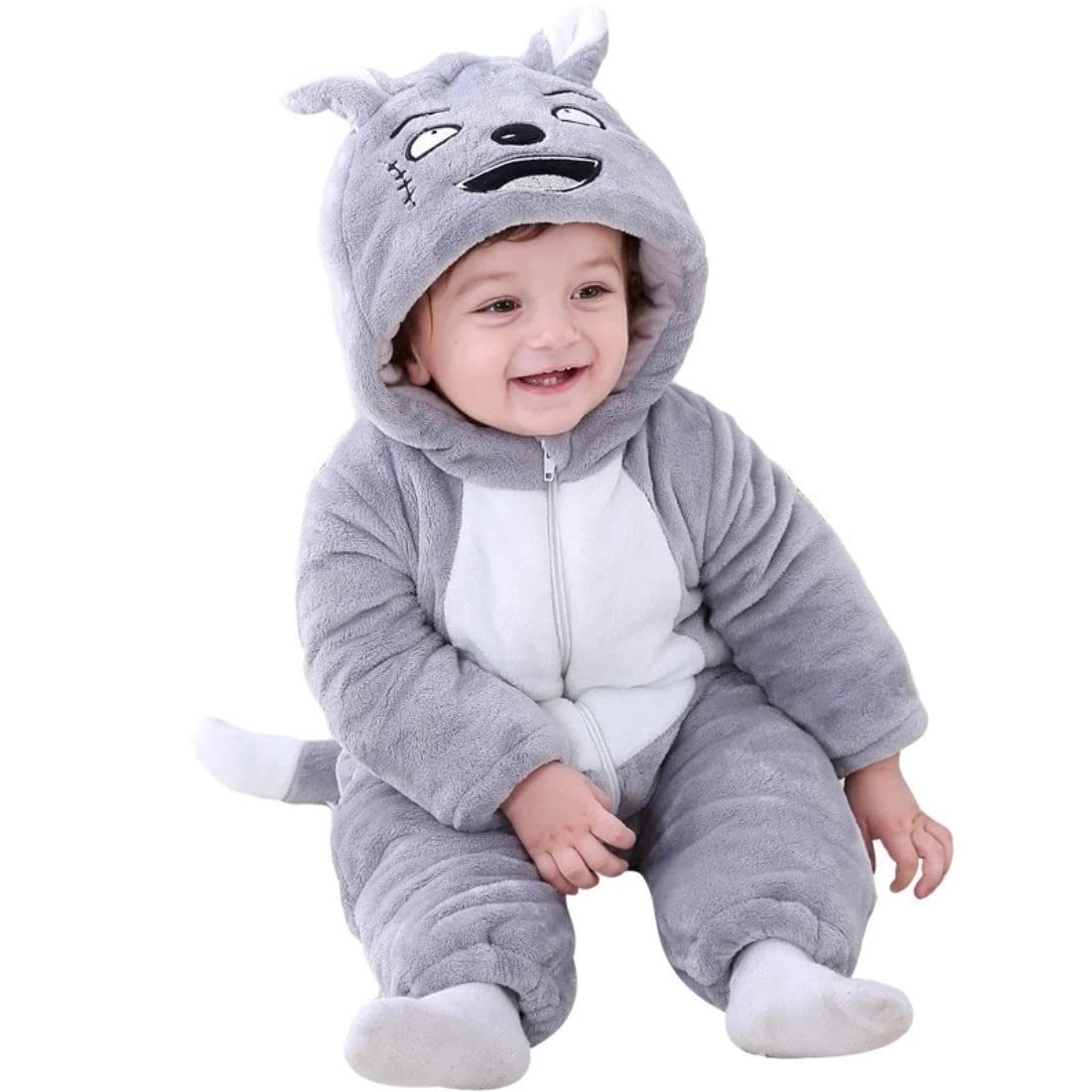 BRANDONN Unisex Baby Flannel Jumpsuit Panda Style Cosplay Clothes Outfits Snowsuit Hooded Romper Outwear (Grey Scars, 12-18 Months)